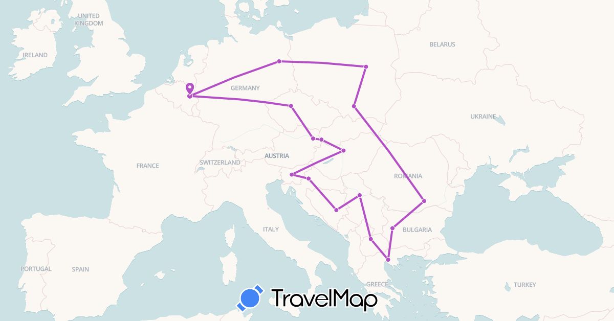 TravelMap itinerary: driving, train in Austria, Bosnia and Herzegovina, Belgium, Bulgaria, Czech Republic, Germany, Greece, Croatia, Hungary, Macedonia, Poland, Romania, Serbia, Slovenia, Slovakia (Europe)